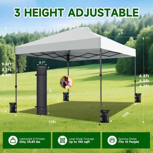 Vibemo 10x10 Pop Up Canopy Party Tent with Roller Bag, Quick 1-Person Setup, 3 Height Settings, Includes 4 Sandbags, 8 Stakes, 4 Guylines, Waterproof, UPF50+ Sun Protection for Beach and Outdoor Use