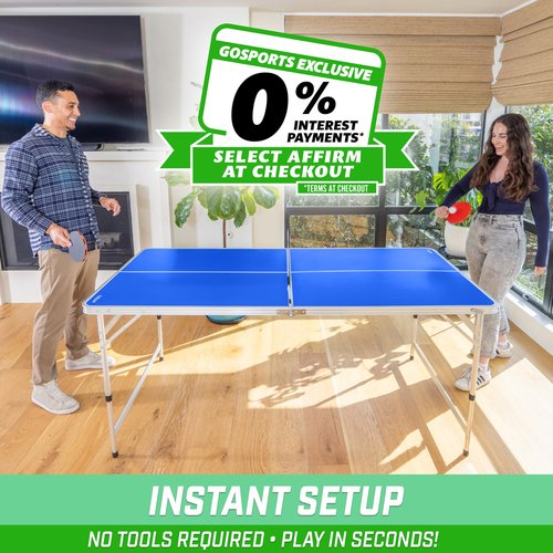 GoSports 6 x 3 ft Mid-Size Table Tennis Table Set with Adjustable Height - Blue