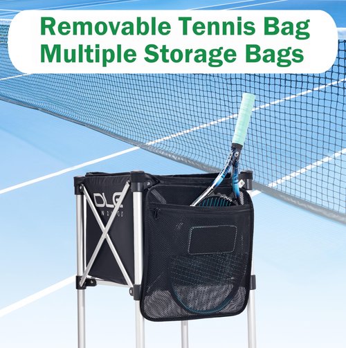 OLE ANDIGO Tennis Balls Hopper Tennis Ball Basket with Side Pockets Lightweight Tennis Ball Cart Holds 160 Balls, Portable Sports Teaching Cart with Wheels for Tennis Player (Tennis Ball Cart)