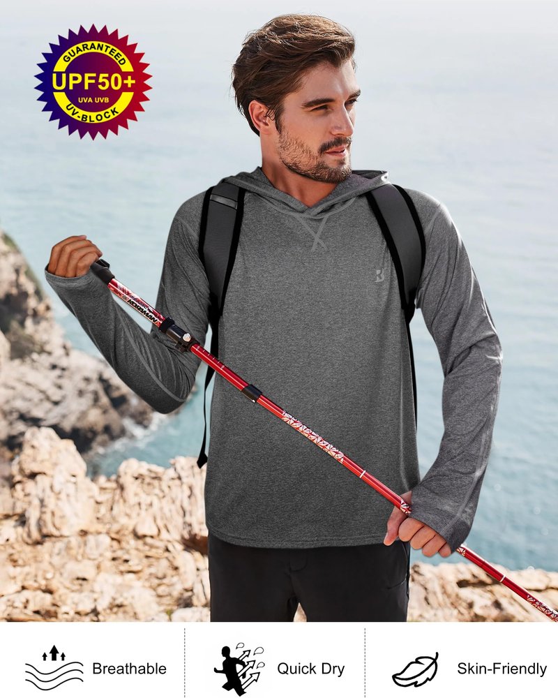 Roadbox Mens UPF 50+ Fishing Shirts - Long Sleeve UV Sun Protection Hoodie Outdoor Hiking Shirts for Sports Running