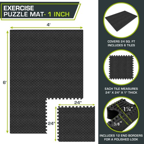 ProsourceFit Exercise Puzzle Mat 1-in, Checkered EVA Foam Floor Tiles w/Non-Slip Texture, Gym Mat w/Interlocking Foam Tiles for Adjustable Surface, Shock Absorbing, Waterproof Gym Flooring, Black
