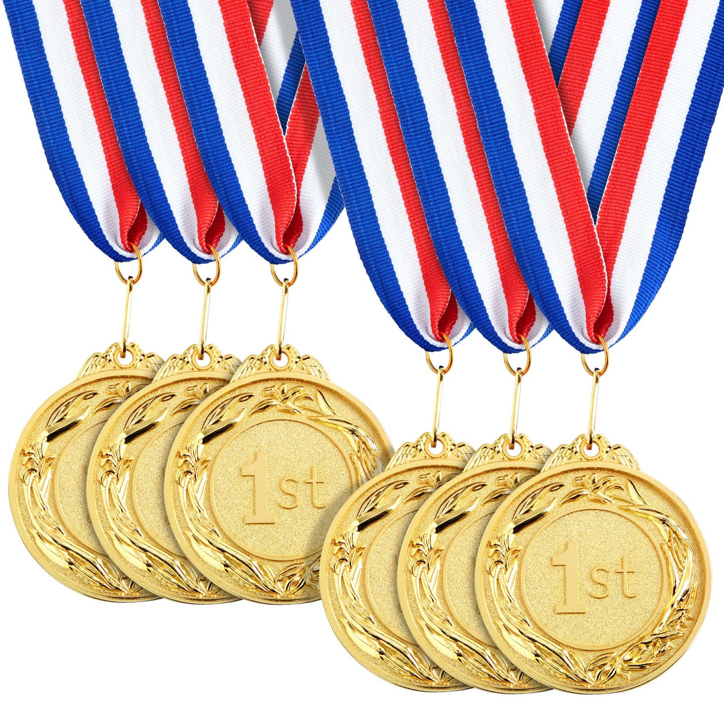 Juvale 6 Pack 1st Place Gold Medals with 16 Inch Neck Ribbon for Awards, Sports Tournaments, Soccer, Baseball (Round, Metal, 2.5 Inch Diameter) - Medals for Awards