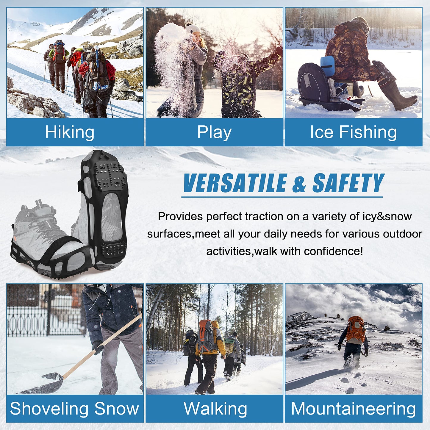 Ice Cleats Snow Traction Cleats Crampons for Walking on Snow and Ice Non-Slip Overshoe with Removable Straps Rubber Anti Slip Crampons Slip-on Stretch Footwear
