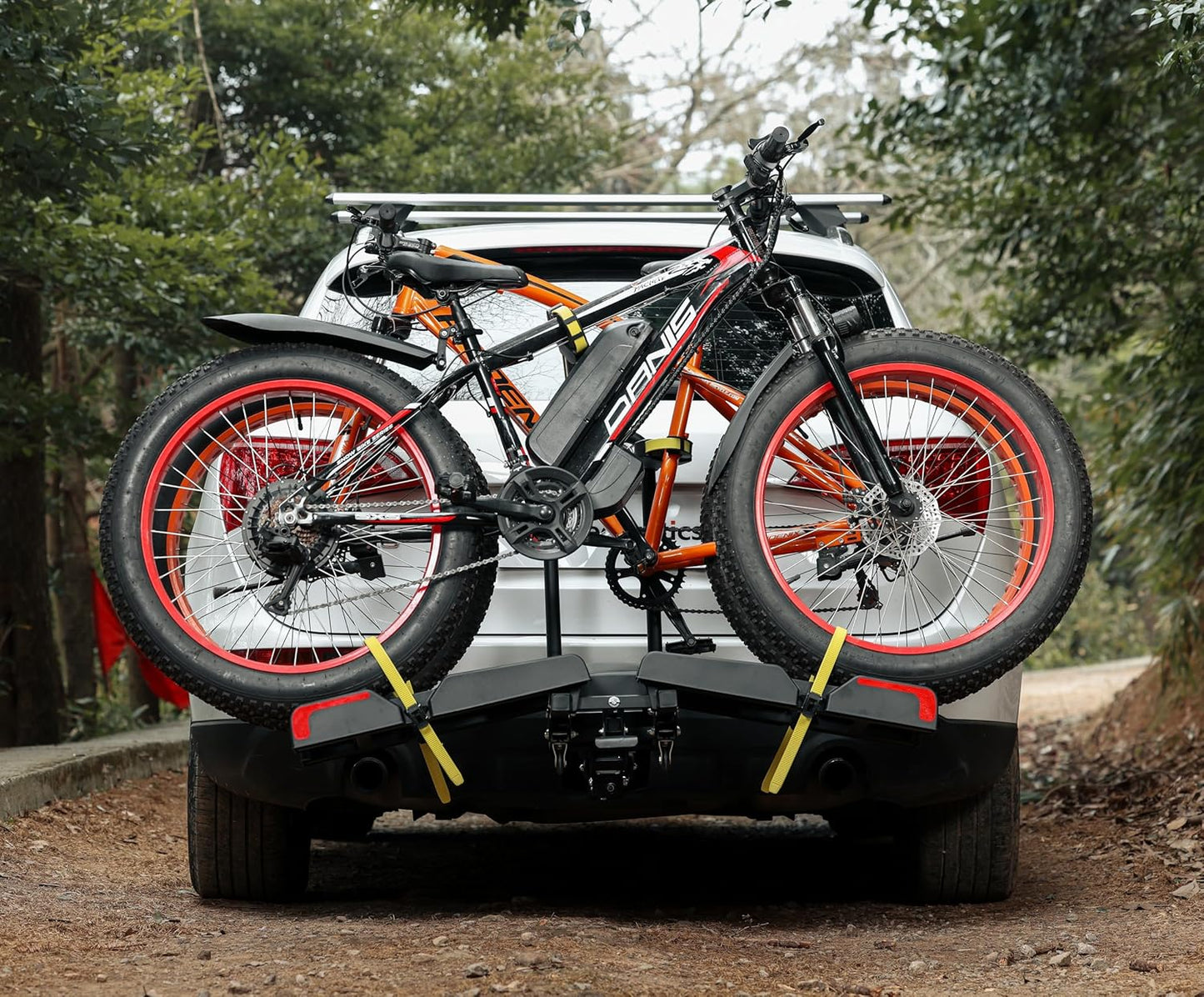 2 E-Bike Foldable Hitch Mount Bike Rack with Light for 2" Receiver SUV & Trucks, Up to 4'' Fat Tire, Lockable Hitch Racks for E-Bike with Ramp and Wheels, 180 LBS Capacity