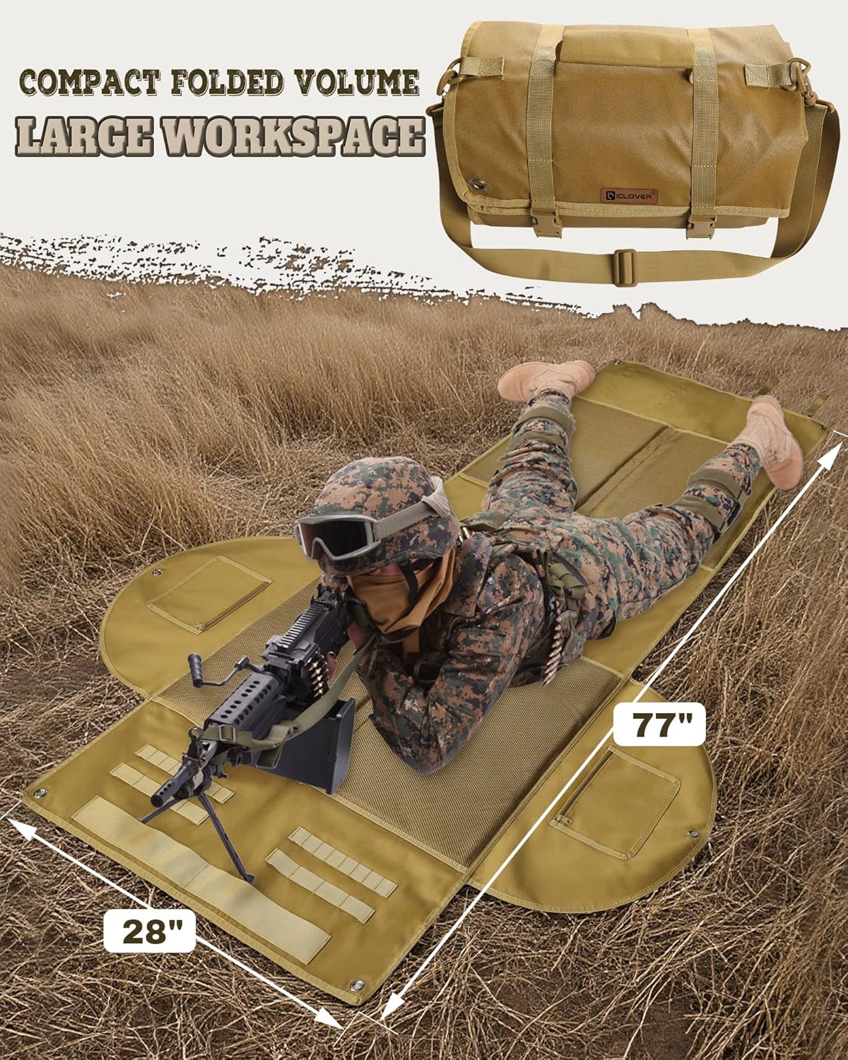IC ICLOVER Shooting Mats Prone Padded, Tactical Shooting Mat with Widen Elbow Wings, Pockets, Molle Webbings, Bipod Holder, Roll Up Portable Waterproof Hunting Mats for Rifle Long Range Shooting
