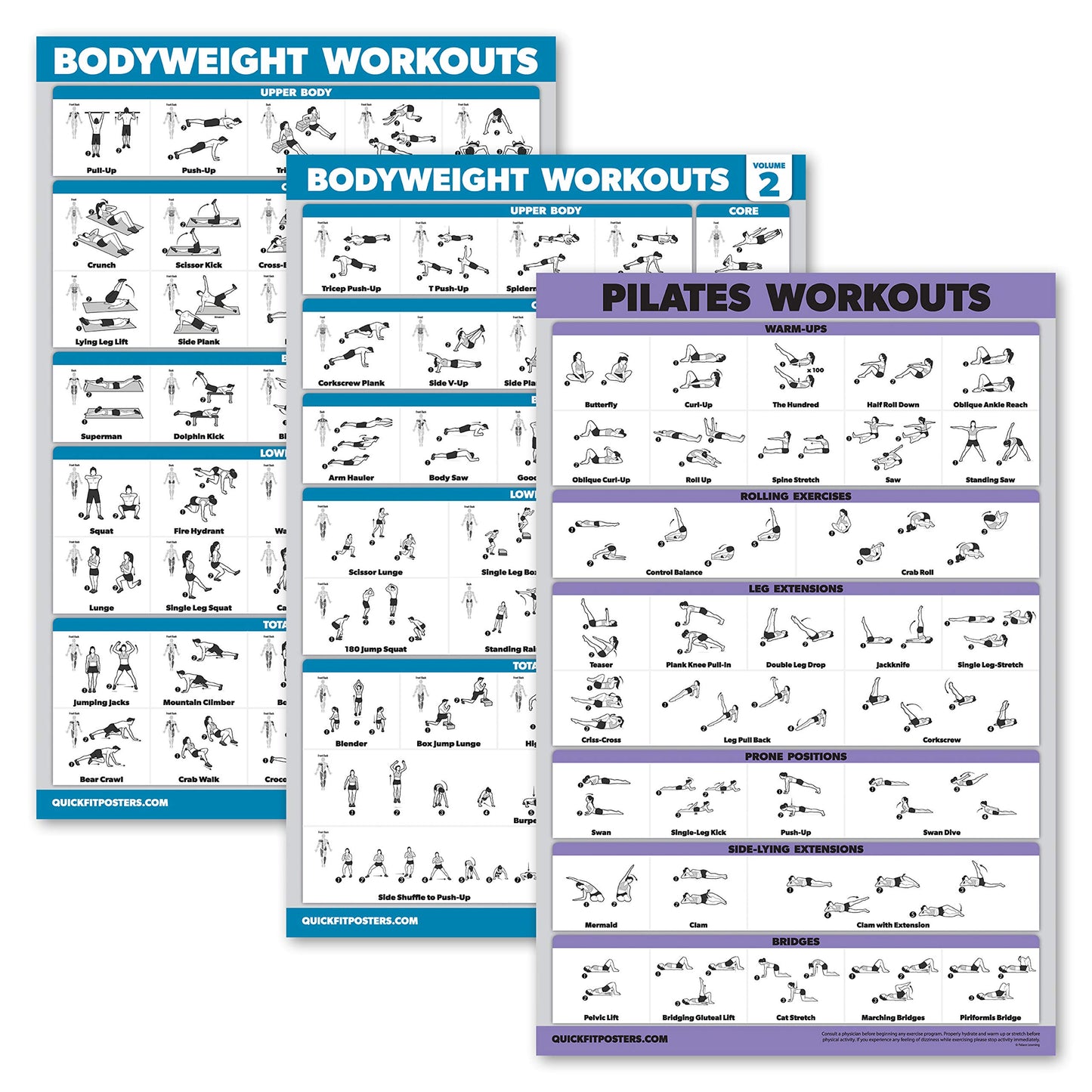 3 Pack: Bodyweight Workout Posters Volume 1 & 2 + Pilates Exercise Poster Set - Set of 3 Workout Charts (LAMINATED, 18" x 24")