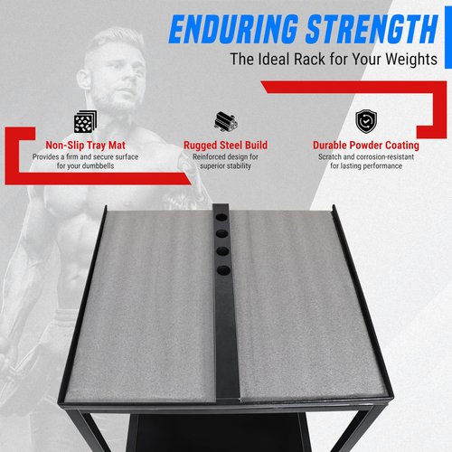 Large Compact Dumbbell Rack & Dumbbell Stand W/Storage Tray—Heavy-Duty Weight Rack Folds Flat for Easy Storage & 150 LB Capacity of Dumbbell Rack ; Use Expandable Dumbbells for Home Gym