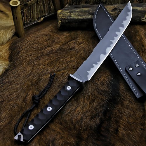 BA-KOR DC53 Full Tang 17.2in Survival Knife with Fire Starter, 5mm Thick Blade, Jungle Fixed Blade with Nylon Handle & Leather Sheath for Hunting, Camping, Bushcraft (Black (17.2in))