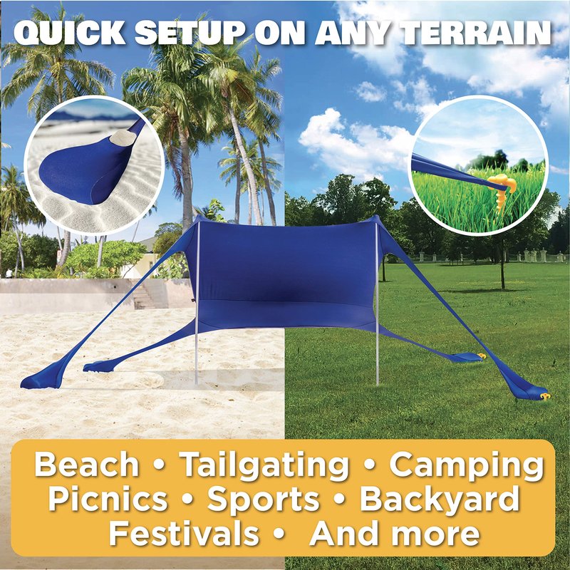 SUN NINJA Pop Up Beach Tent Sun Shelter UPF50+ with Sand Shovel, Ground Pegs and Stability Poles, Outdoor Shade for Camping Trips, Fishing, Backyard Fun or Picnics (10x10 FT 2 Pole, Navy)
