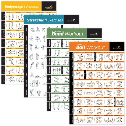 NewMe Fitness 4-Pack Posters Resistance, Stretching, Bodyweight Vol 1, Stability 18 x 27