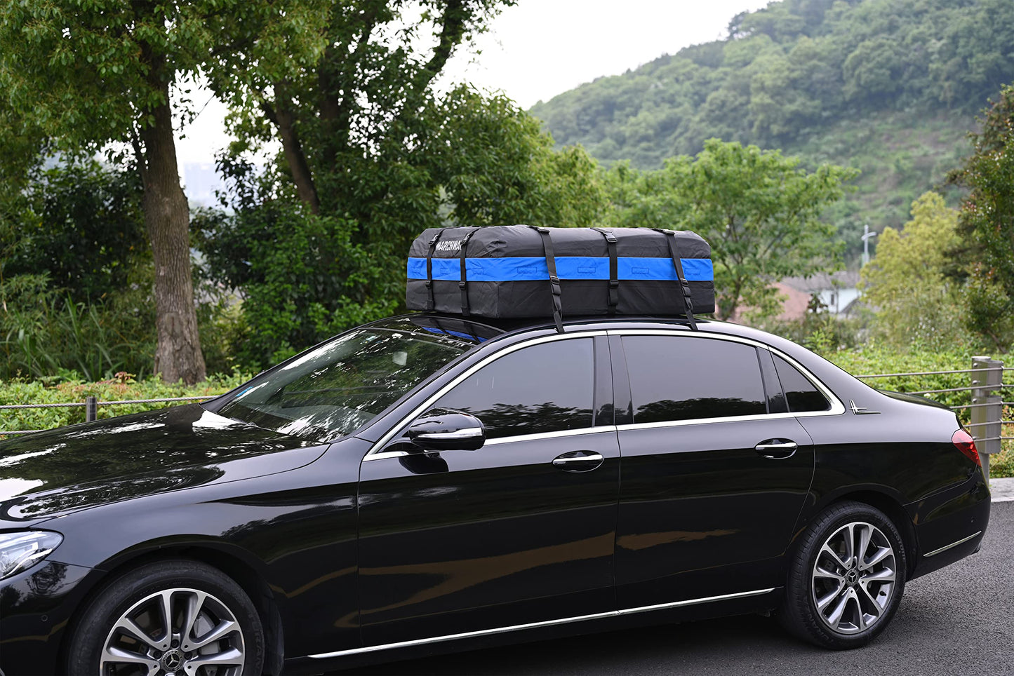 MARCHWAY Waterproof Car Roof Luggage Bag, Weatherproof Soft Shell Rooftop Cargo Carrier Bag for Vehicles with or Without Rack. 6 Door Hooks, Anti Slip Mat, Lock Included (21 Cubic Feet, Blue)