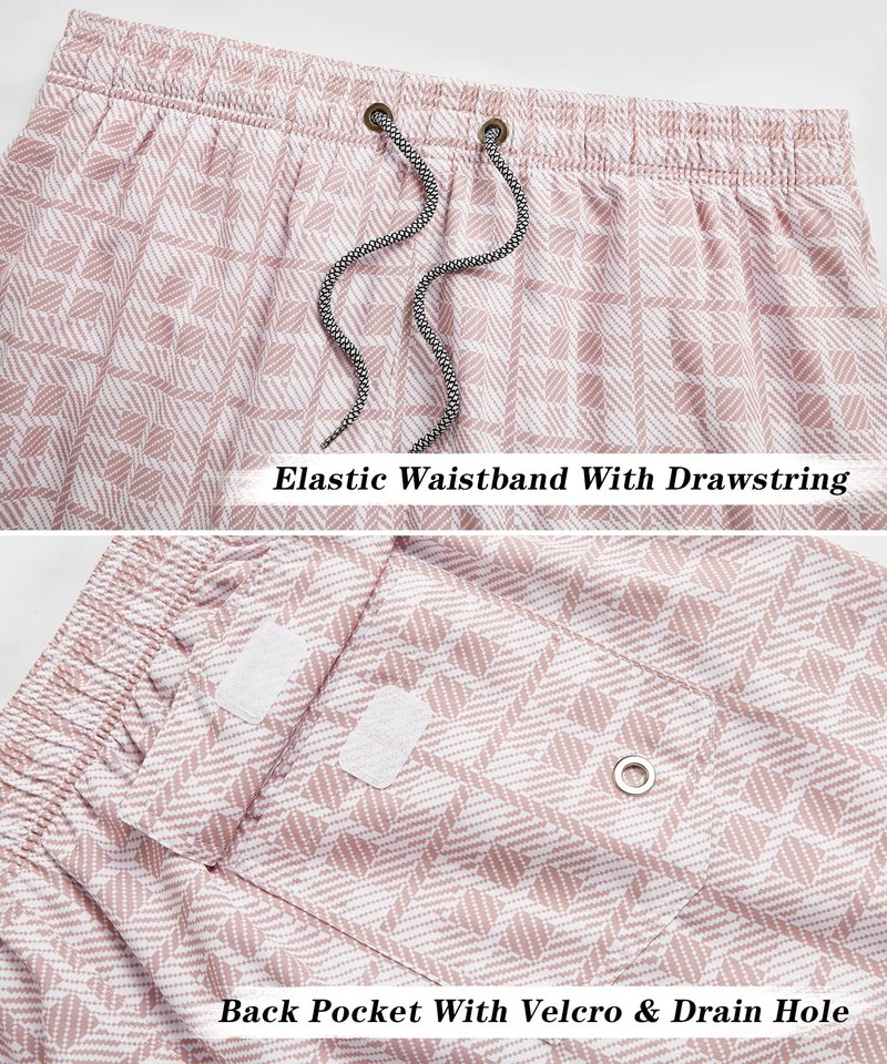 ELETOP Men's Swim Trunks Quick Dry Bathing Suit Swimming Board Shorts Mesh Lining Beach Swimwear Grid Pink 3XL