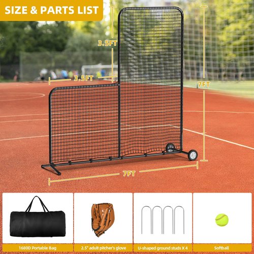 Shopsource Baseball L Screen with Wheels for Batting Cage, 7x7ft Pitcher Protector Net for Pitchers Protection, Includes Pitchers Glove,Training Ball, Portable Carry Bag