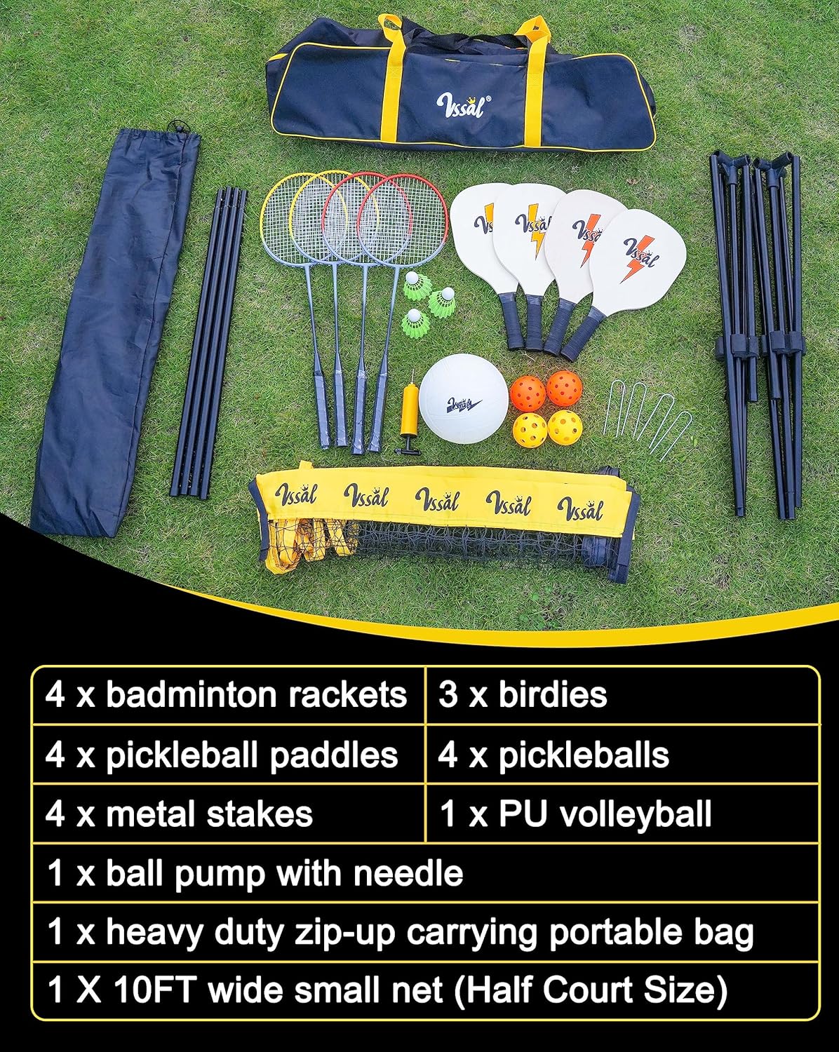 10FT Portable All-in-One Badminton, Pickleball and Kids’ Volleyball Net Set Half Court (10ft Wide x 7ft max Height) Small Outdoor Sports Set with Adjustable Net for Backyards Beach Driveway Game