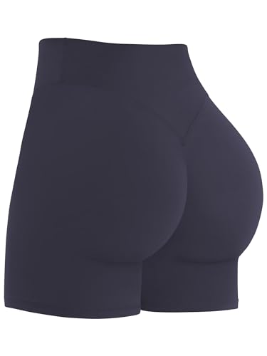Sunzel Women's High Waisted Crossover Biker Shorts - 4 Inch Inseam, Large, Ash Blue