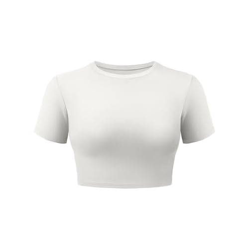 VOYJOY Womens Double Lined Fitted Short Sleeve Crop Tops Crew Neck Casual Workout T Shirts Cute Basic Tee