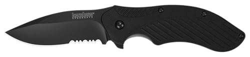 Kershaw Clash Black Serrated Pocketknife, 3" 8Cr13MoV Steel Drop Point Blade, Assisted One-Handed Flipper Opening, Folding Utility EDC