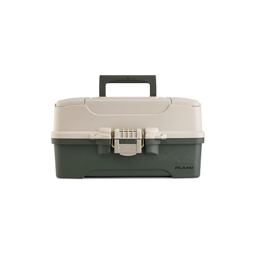 Fishing Tackle Box with Deep Storage and Top-Access Trays - Tan/Green, Rust-Proof Brass Latch, Portable Organizer - Bass Variation