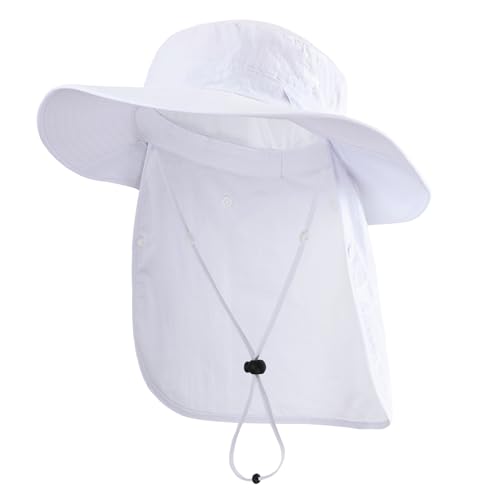 White UPF 50+ Wide Brim Sun Hat with Neck Flap - Men & Women Gardening & Sun Protection