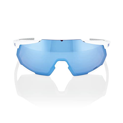 100% Racetrap 3.0 Sport Performance Sunglasses - Sport and Cycling Eyewear (Matte White - HiPER Blue Multilayer Mirror Lens)