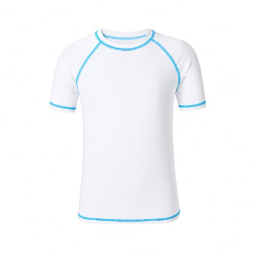 Kids UPF 50+ Short Sleeve Neon Swim Shirt - White, Age 9-10 Years - Boys Girls Rash Guard