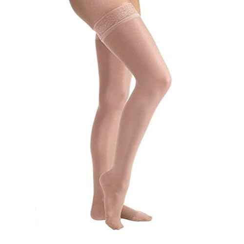 JOBST UltraSheer Thigh-High Compression Stockings for Women - Closed Toe - Lace Band - Medical Compression 15-20 mmHg - For Varicose and Spider Veins - Helps Prevent Swelling - Suntan, Medium Petite