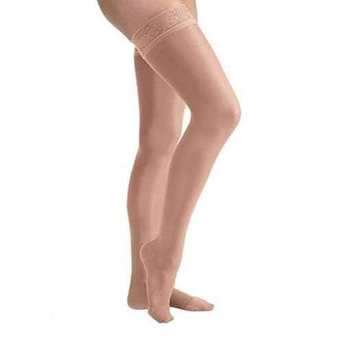 JOBST UltraSheer Thigh-High Compression Stockings for Women - Closed Toe - Lace Band - Medical Compression 15-20 mmHg - For Varicose and Spider Veins - Helps Prevent Swelling - Suntan, Medium Petite