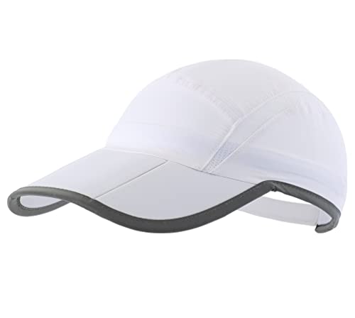 White Foldable Mesh Sports Cap with Reflective Stripe Breathable Sun Runner Hat