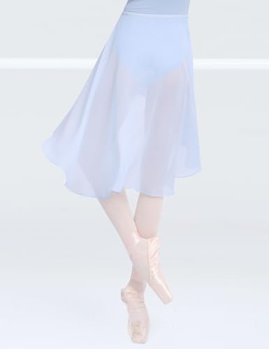 Women Ballet Wrap Skirt - Sheer Mid-Length Dance Skirt with Adjustable Waist - Light Blue