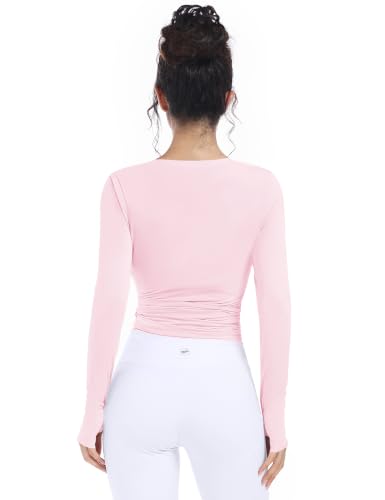 Women’s Ballet Wrap Top Long Sleeve Dance Shirt with Thumbholes - Small Pink