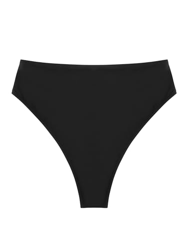 Women's High Waisted High Cut Thong Bikini Bottom Large Black - Swimwear