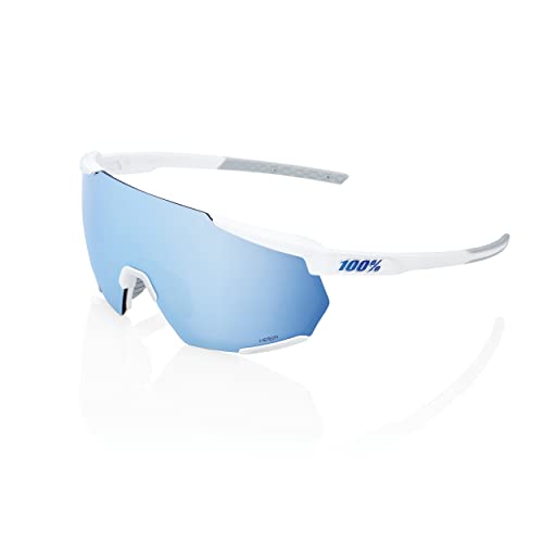 100% Racetrap 3.0 Sport Performance Sunglasses - Sport and Cycling Eyewear (Matte White - HiPER Blue Multilayer Mirror Lens)
