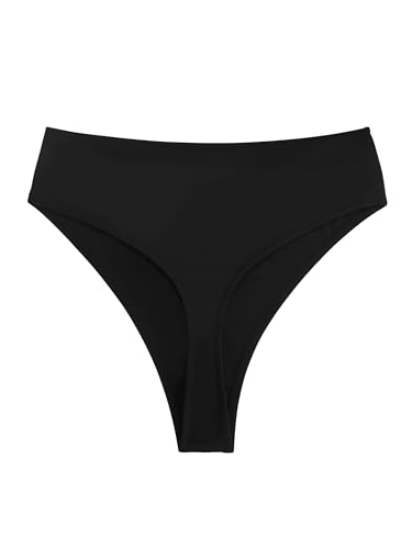 Women's High Waisted High Cut Thong Bikini Bottom Large Black - Swimwear