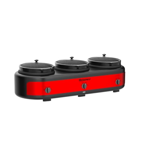 Elite Gourmet EWMST-325R Maxi-Matic Triple Slow Cooker Buffet Server Adjustable Temp Dishwasher-Safe Oval Ceramic Pots, Lid Rests, 3 x 2.5 Qt Capacity, Red