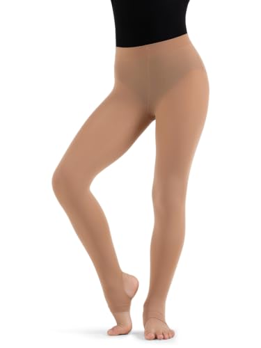 Girls Self Knit Waistband Stirrup Tights - Light Tan, 8-12 Years