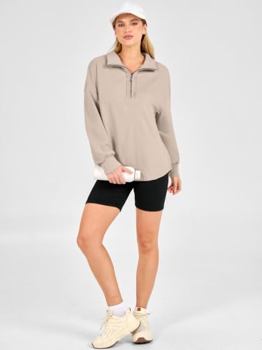 ANRABESS Women's Loose Quarter Zip Fleece Sweatshirt Large Beige Fall Pullover