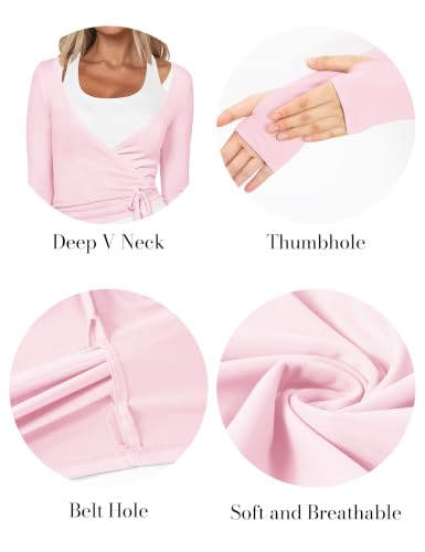 Women’s Ballet Wrap Top Long Sleeve Dance Shirt with Thumbholes - Small Pink