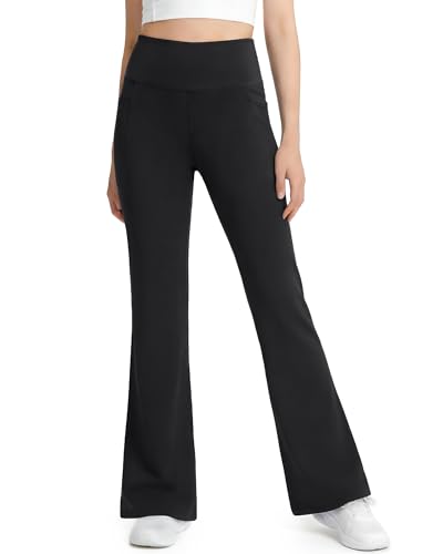 High Waisted Flare Leggings for Girls with Pockets - Large Black