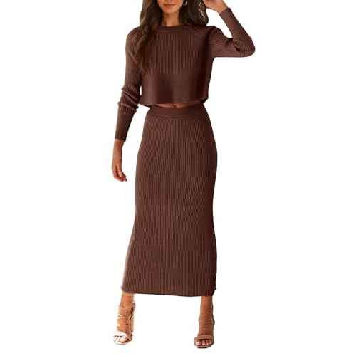 PRETTYGARDEN Women's Spring Fall 2 Piece Sweater Set Rib Knit Long Sleeve Crop Top Maxi Bodycon Skirt Casual Winter Outfits