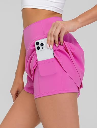 Women’s Flowy Running Shorts with Pockets - Hot Pink, Small - Athletic Tennis Shorts with Ruffle Design