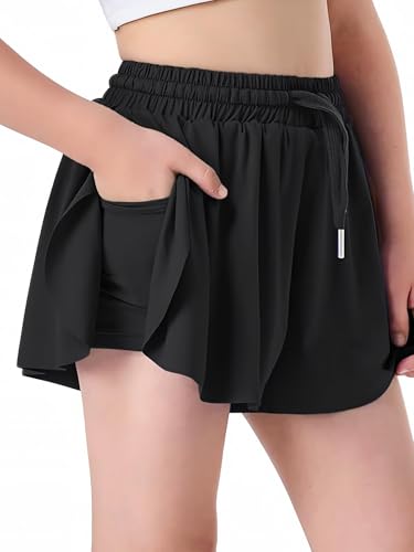 Girls 2-in-1 Butterfly Shorts with Pocket - 3-4T Black - Athletic Skorts for Running & Tennis