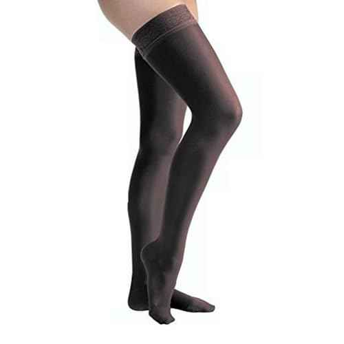 JOBST UltraSheer Thigh-High Compression Stockings for Women - Closed Toe - Lace Band - Medical Compression 15-20 mmHg - For Varicose and Spider Veins - Helps Prevent Swelling - Suntan, Medium Petite
