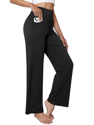 Women's Wide Leg Yoga Pants with Pockets - Large Black Workout Sweatpants