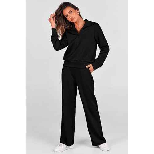 PRETTYGARDEN Women's 2 Piece Outfits Casual Lapel Half Zip Sweatshirts and Wide Leg Pants Tracksuit Sets