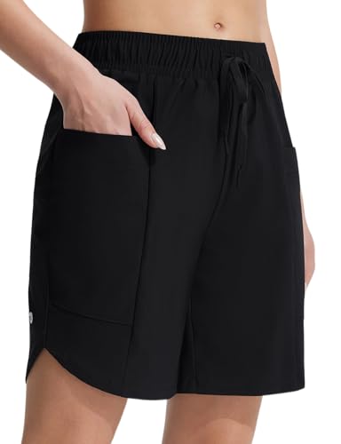 Women’s High Waisted Long Board Shorts - Black, Large, Quick Dry, Pockets