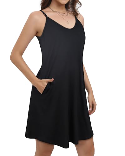 Women Spaghetti Strap Summer Dress Beach Sundresses Large Black - JOELLYUS