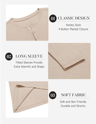 Men's Henley Shirt Long Sleeve Casual T-Shirt - Large Light Khaki