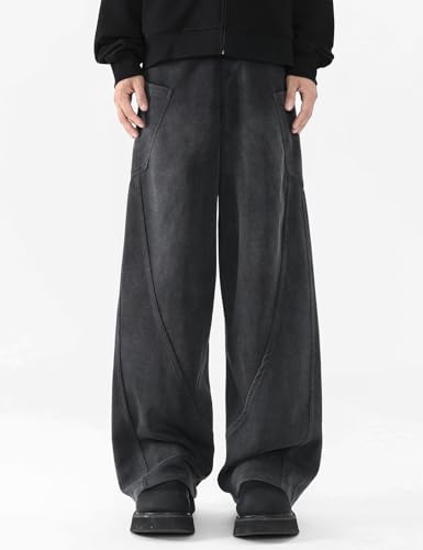 Large Acid Wash Men's Teen Y2K Baggy Wide Leg Sweatpants with Pockets - Black