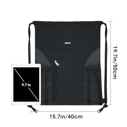 WANDF Drawstring Backpack Sports Gym Sackpack with Mesh Pockets Water Resistant String Bag for Women Men(Black)