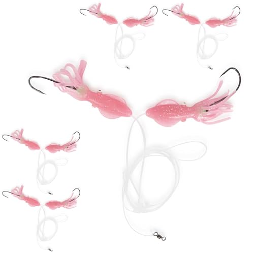 Fishing Rig Set - Pink Squid Teasers with Octopus Hooks, 60lb Leader - 5 Pack